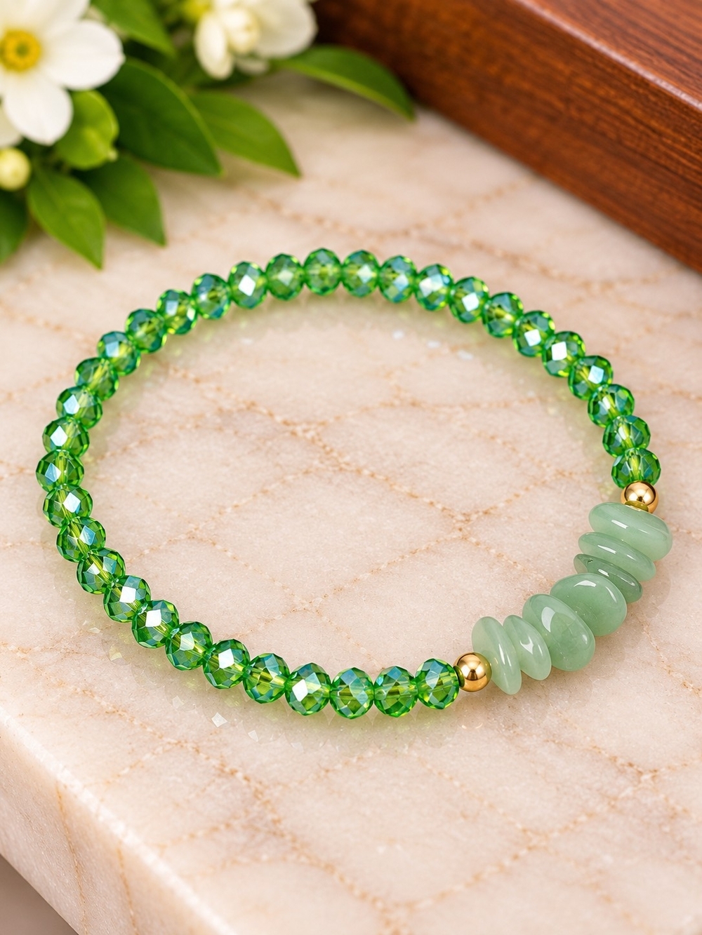 Green Crystal & Jade-Look Beaded Bracelet